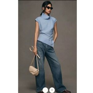 Maeve Anthropologie Top XL Blue Striped Mock‎ Neck Asymmetric Sleeveless Blouse